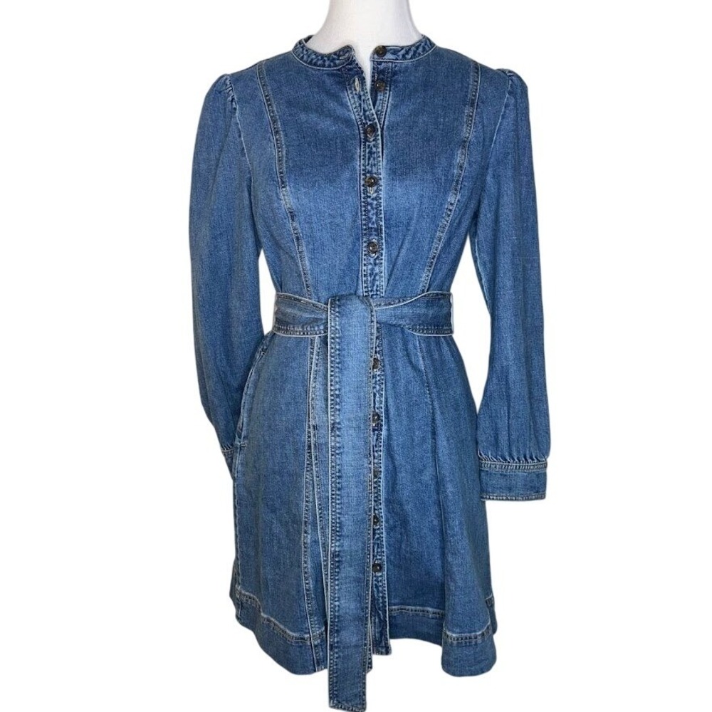 Boden Blue Bre Denim Button Front Puff Sleeve Shirt‎ Dress Womens 10P Petite